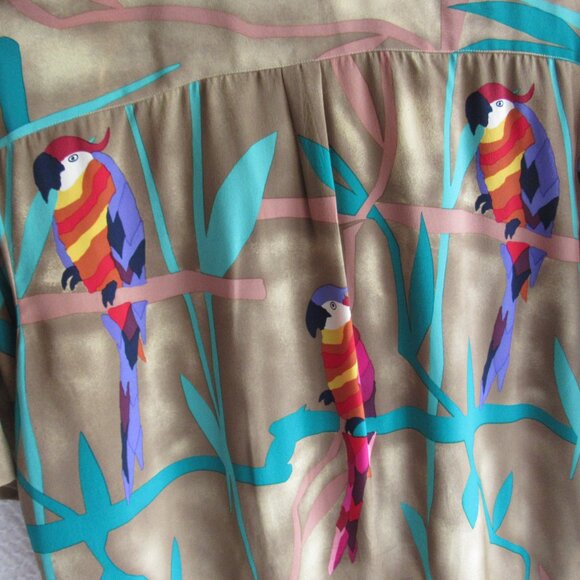 100% Silk Shirt Top Blouse M Vintage 80s Tropical Bird Parrots Ann May Wrap - Picture 11 of 11